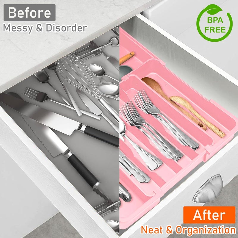 Spaclear Silverware Organizer - Expandable Silverware Drawer Organizer, Adjustable Drawer Organizer, Silverware Tray for Drawer 15.2"x 19" Utensil Drawer Organizer, Kitchen Organizers Storage, Pink - Image 5